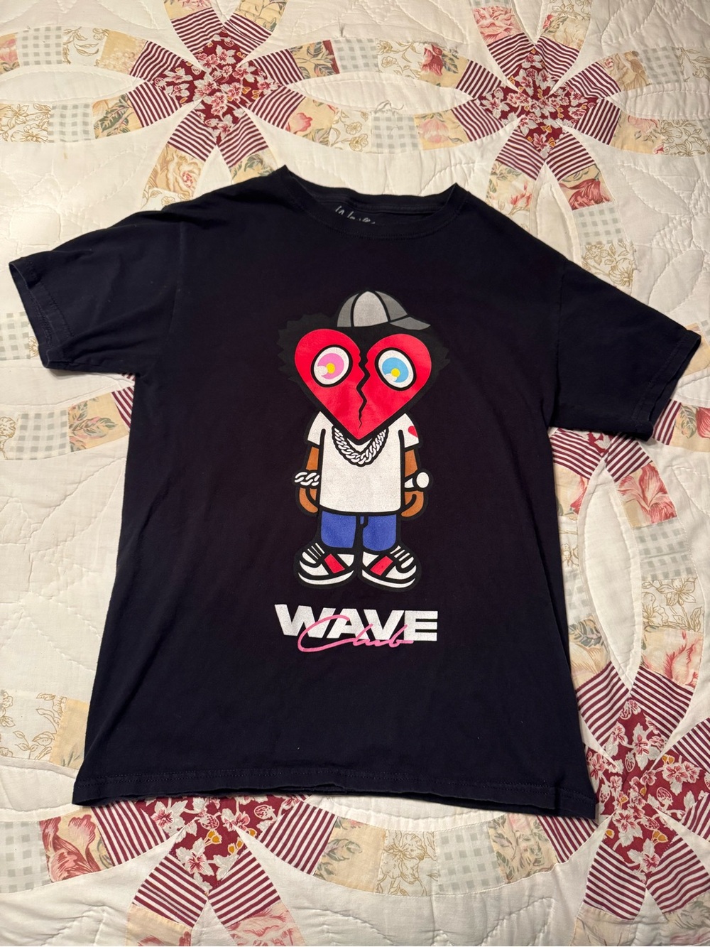 Black Graphic Short Sleeve Tee with Red Heart Character
